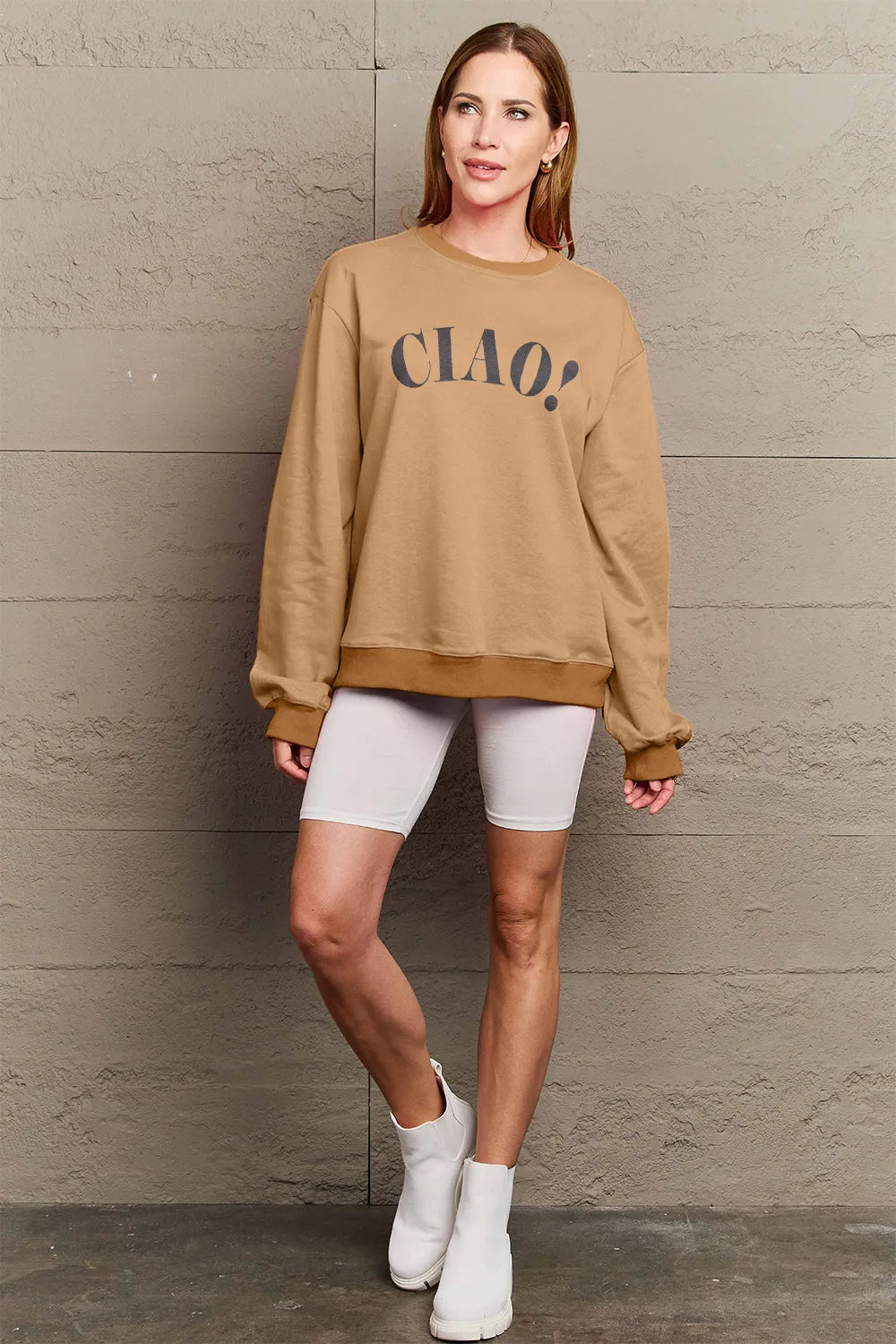 SIMPLY LOVE FULL SIZE CIAO！ROUND NECK SWEATSHIRT