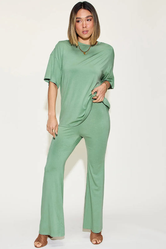 BASIC BAE FULL SIZE BAMBOO DROP SHOULDER T-SHIRT AND FLARE PANTS SET