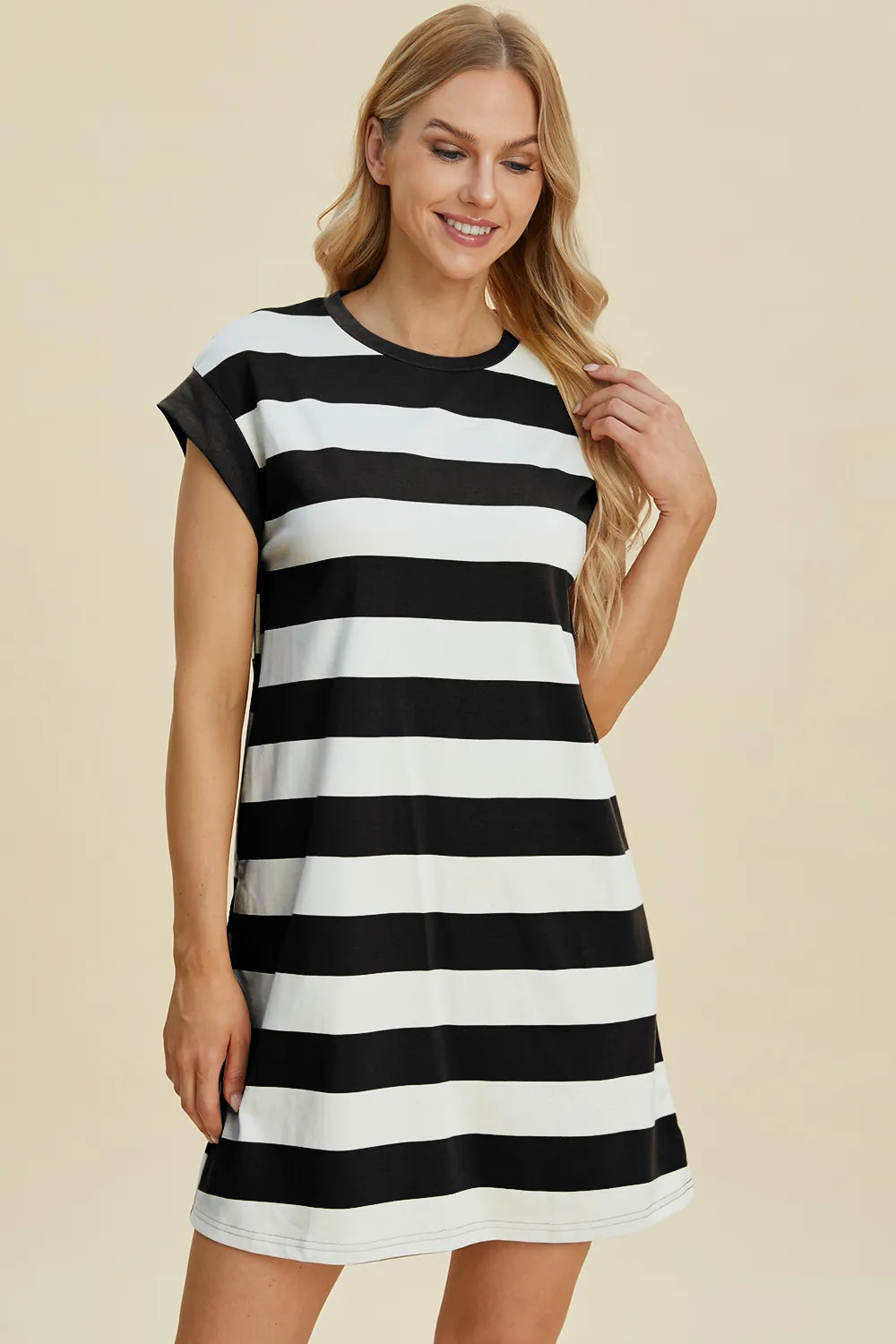 BASIC BAE FULL SIZE STRIPED ROUND NECK CAP SLEEVE MINI DRESS
