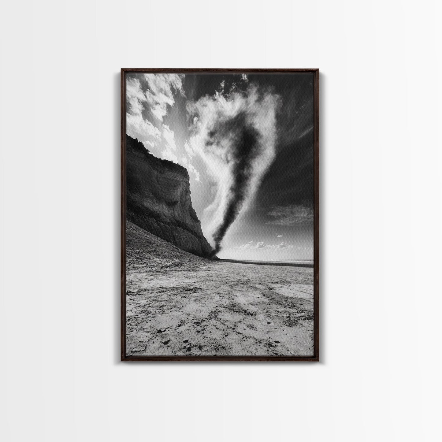 TORNADO BEACH SCENE, STORMY SKIES, BLACK AND WHITE DRAMA, NATURE PHOTOGRAPHY, FRAMED CANVAS PRINT, OFFICE WALL ART, MOODY MINIMALIST DECOR