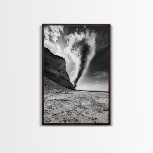 TORNADO BEACH SCENE, STORMY SKIES, BLACK AND WHITE DRAMA, NATURE PHOTOGRAPHY, FRAMED CANVAS PRINT, OFFICE WALL ART, MOODY MINIMALIST DECOR