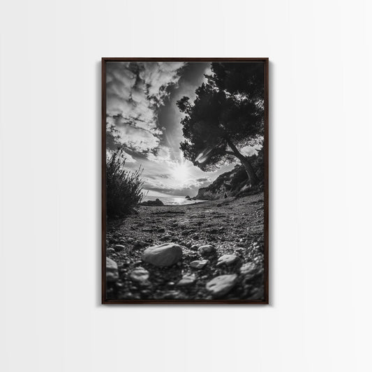 SUNSET BEACH VIEW, WIDE ANGLE PERSPECTIVE, NATURE SHORELINE, MONOCHROME LANDSCAPE, FRAMED CANVAS PRINT, HALLWAY WALL ART, BEACH DECOR