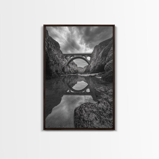 STONE BRIDGE, REFLECTIONS, RIVER ARCHWAY, NATURE DRAMA, FRAMED CANVAS PRINT, LANDSCAPE WALL ART, MONOCHROME PHOTOGRAPHY, ENTRYWAY ART