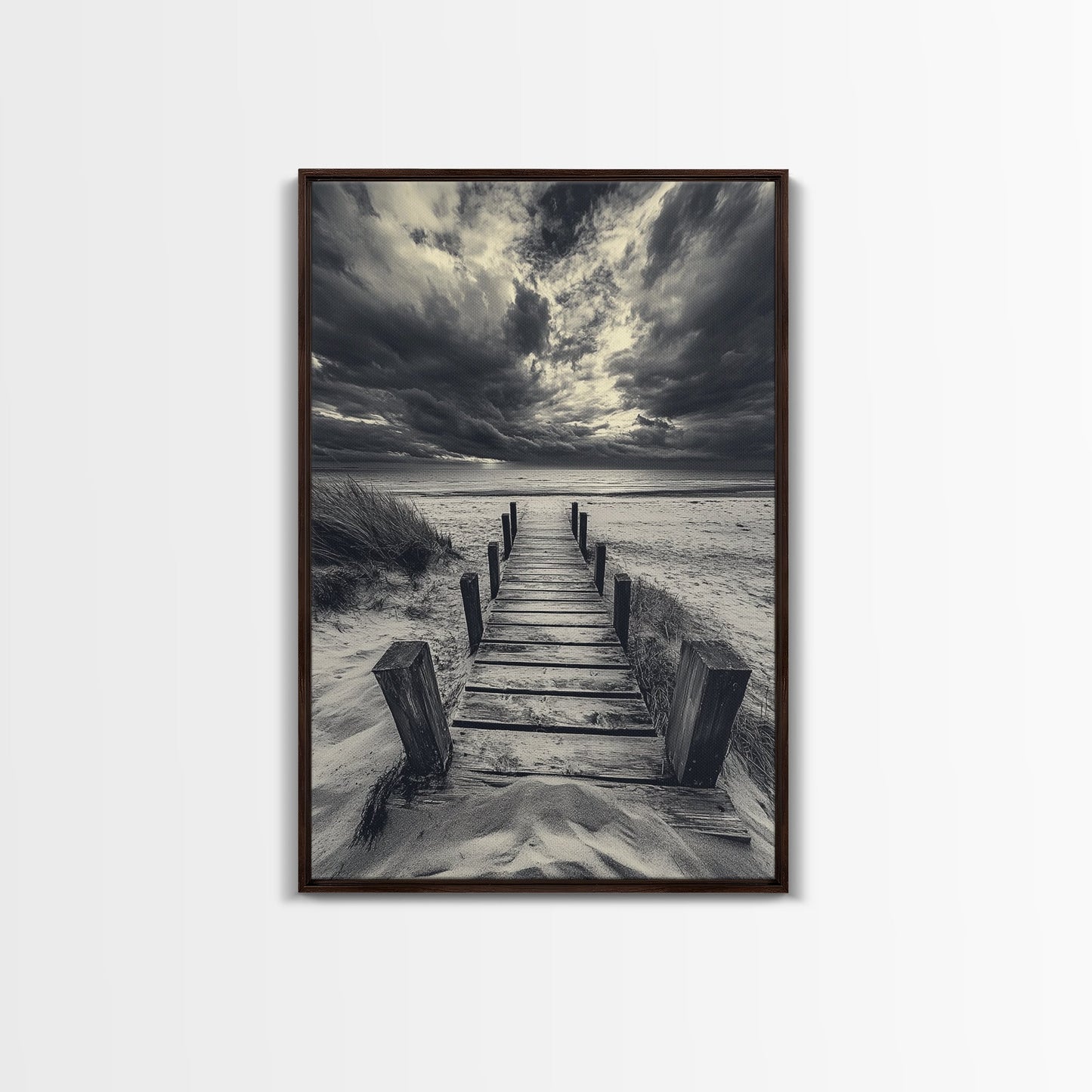 STORMY BEACH DOCK, DRAMATIC SKIES, COASTAL MOOD, FRAMED CANVAS PRINT, FALL WALL ART, ENTRYWAY DECOR, MOODY SEASCAPE, RUSTIC COASTAL HOME