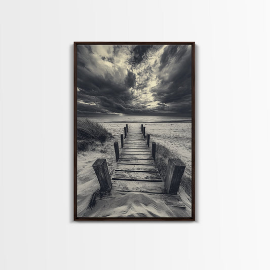 STORMY BEACH DOCK, DRAMATIC SKIES, COASTAL MOOD, FRAMED CANVAS PRINT, FALL WALL ART, ENTRYWAY DECOR, MOODY SEASCAPE, RUSTIC COASTAL HOME