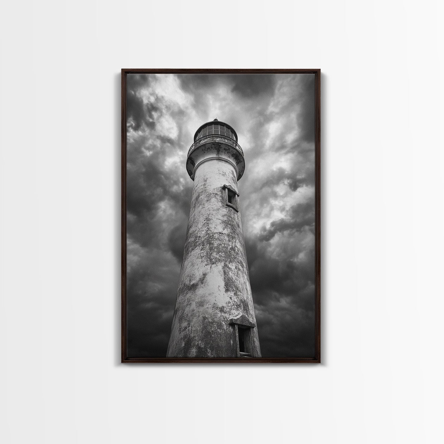 STORMY LIGHTHOUSE CLOSEUP, DRAMATIC SKIES, WEATHERED BEACON, CANVAS PRINT, COASTAL DECOR, DARK NAUTICAL WALL ART, MOODY OCEAN THEME