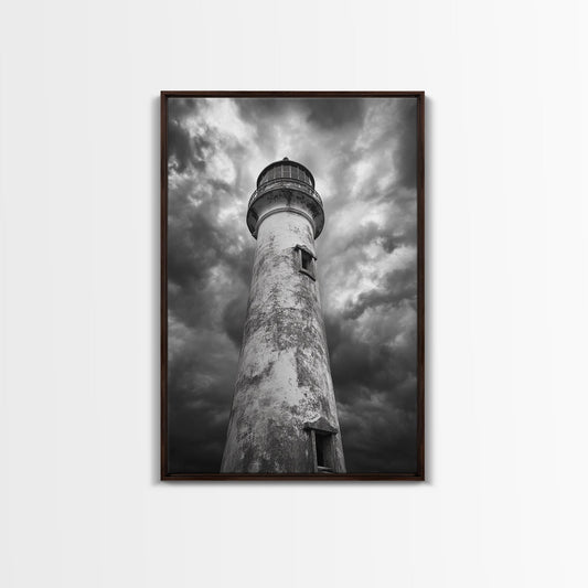 STORMY LIGHTHOUSE CLOSEUP, DRAMATIC SKIES, WEATHERED BEACON, CANVAS PRINT, COASTAL DECOR, DARK NAUTICAL WALL ART, MOODY OCEAN THEME