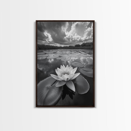 TRANQUIL LOTUS, CLOUD REFLECTIONS, WATER LILY POND, FRAMED CANVAS PRINT, ZEN WALL ART, SPA BATHROOM DECOR, MODERN NATURE PHOTOGRAPHY