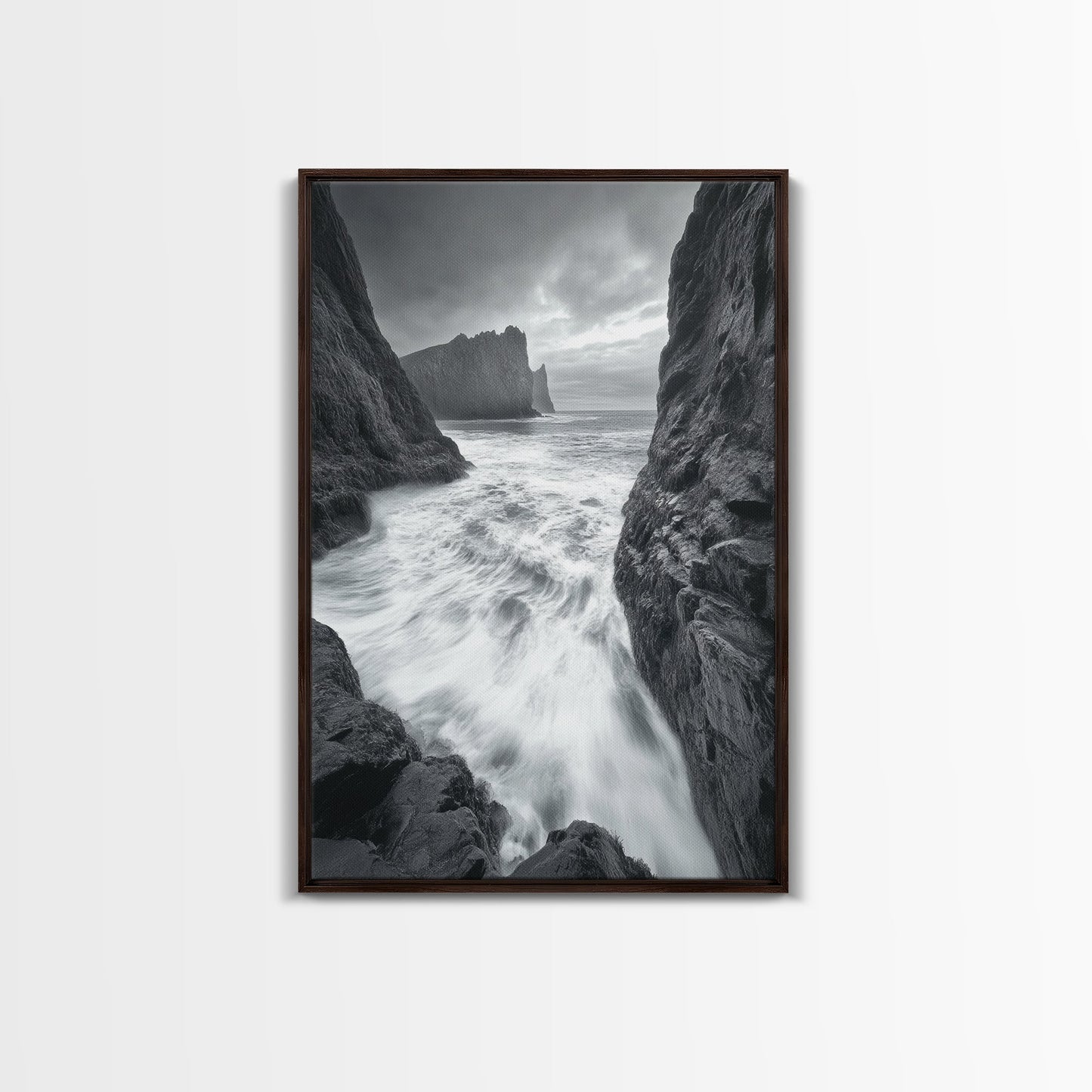 STORMY COAST, CRASHING WAVES, OCEAN DRAMA, FRAMED CANVAS PRINT, LIVING ROOM WALL ART, BOLD SEASCAPE PHOTOGRAPHY, MONOCHROME MODERN ART