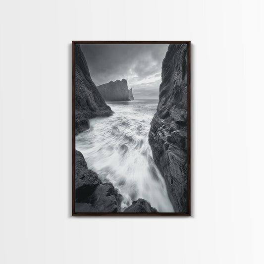 STORMY COAST, CRASHING WAVES, OCEAN DRAMA, FRAMED CANVAS PRINT, LIVING ROOM WALL ART, BOLD SEASCAPE PHOTOGRAPHY, MONOCHROME MODERN ART