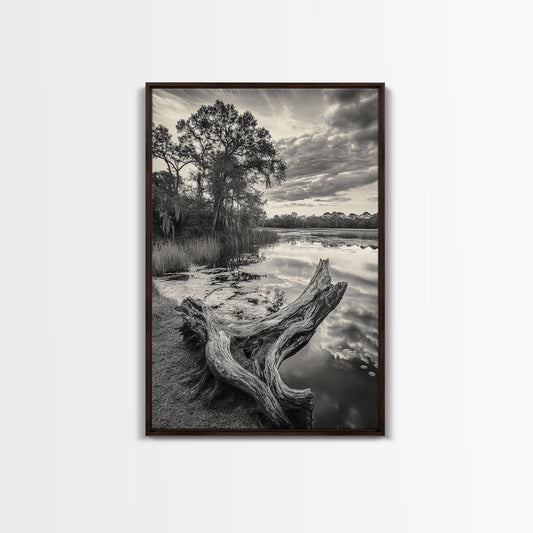 TRANQUIL MARSH, TREE REFLECTION, WILD BEAUTY, STILL WATER, FRAMED CANVAS PRINT, NEUTRAL WALL ART, COTTAGECORE DECOR, NATURE PHOTOGRAPHY