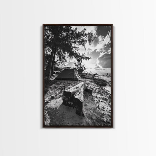 TENT, BEACH, SUNSET, TREES - RUSTIC CAMPING COASTAL ESCAPE VIBE, FRAMED CANVAS PRINT, IDEAL BEDROOM OR ADVENTURE NURSERY DECOR, OUTDOOR ART