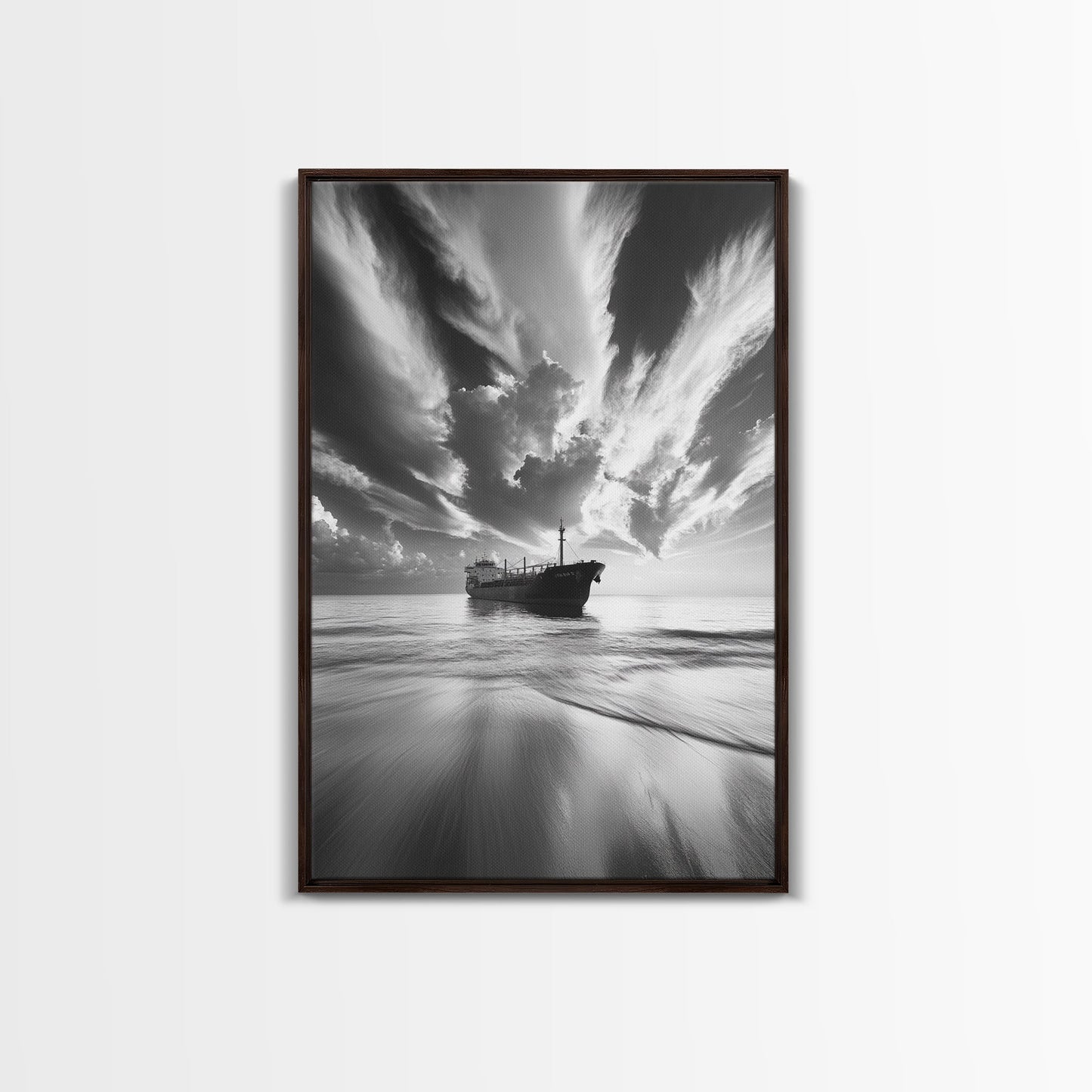 STORMY SKY SHIP, DRAMATIC SEASCAPE, BLACK WHITE PHOTOGRAPHY, OCEAN NAUTICAL DECOR, FRAMED CANVAS PRINT, COASTAL WALL ART, MOODY MINIMALIST