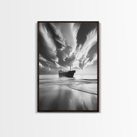 STORMY SKY SHIP, DRAMATIC SEASCAPE, BLACK WHITE PHOTOGRAPHY, OCEAN NAUTICAL DECOR, FRAMED CANVAS PRINT, COASTAL WALL ART, MOODY MINIMALIST
