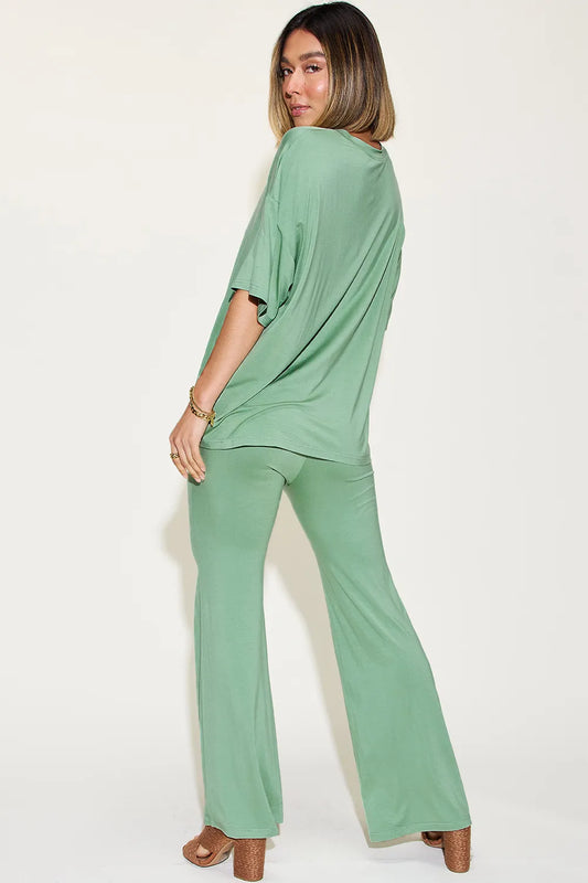 BASIC BAE FULL SIZE BAMBOO DROP SHOULDER T-SHIRT AND FLARE PANTS SET