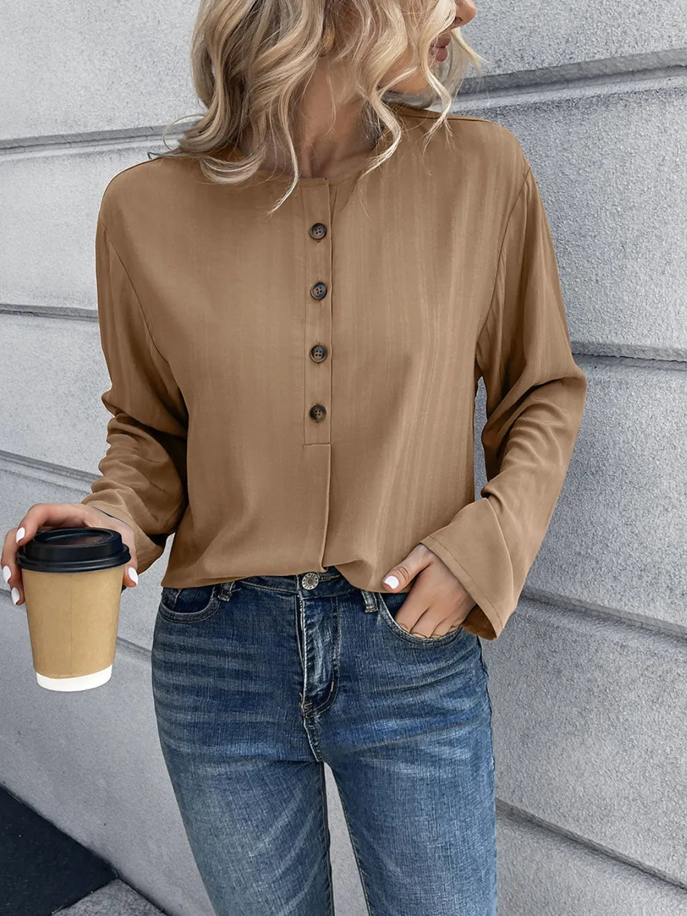 IVY LANE HALF BUTTON LONG SLEEVE BLOUSE
