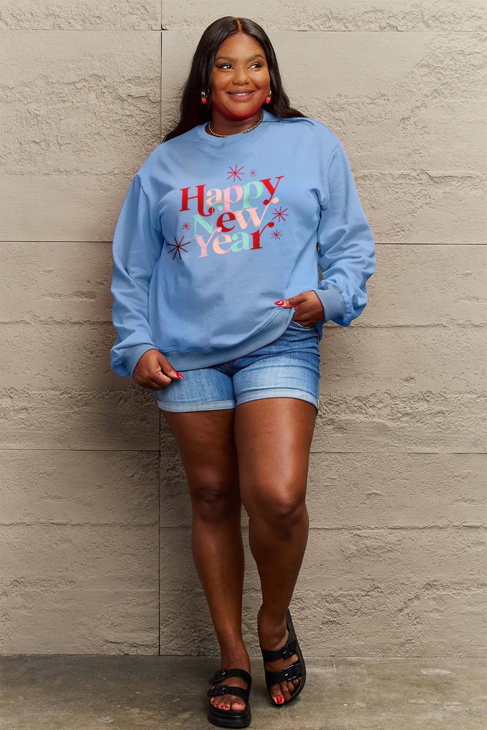 SIMPLY LOVE FULL SIZE HAPPY NEW YEAR ROUND NECK SWEATSHIRT