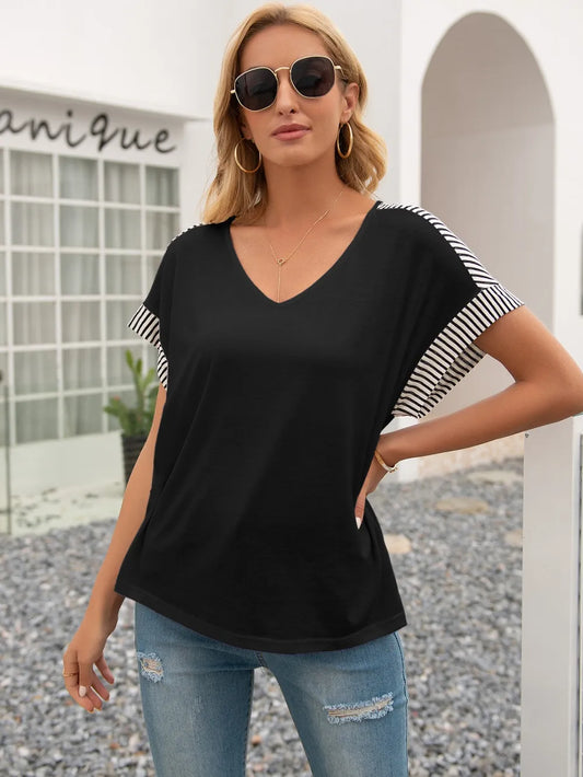 IVY LANE STRIPED V-NECK SHORT SLEEVE T-SHIRT