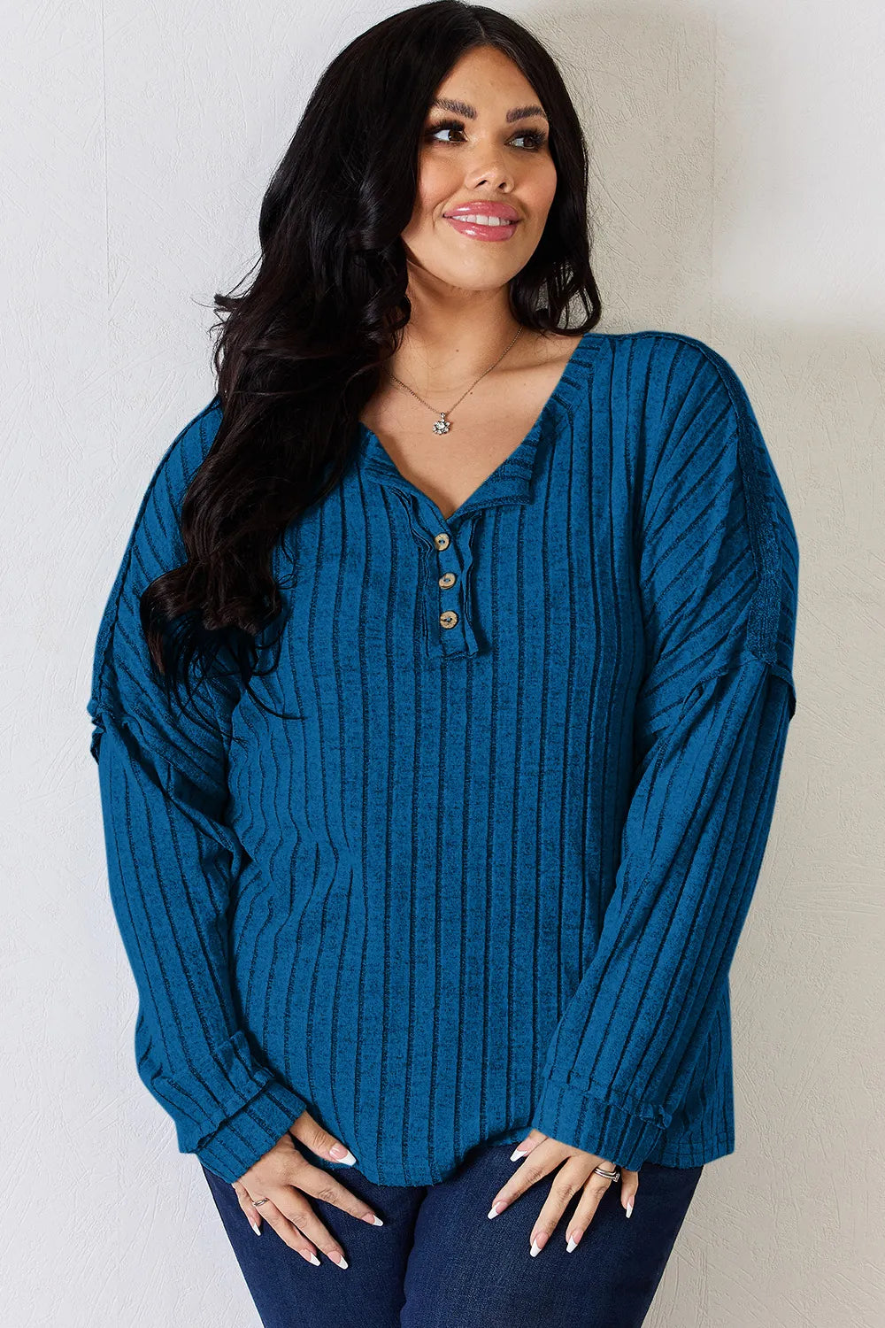 BASIC BAE FULL SIZE RIBBED HALF BUTTON LONG SLEEVE T-SHIRT