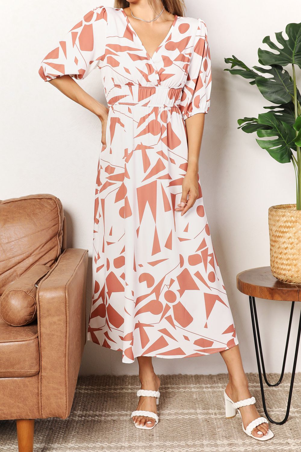 PRINTED SURPLICE BALLOON SLEEVE DRESS