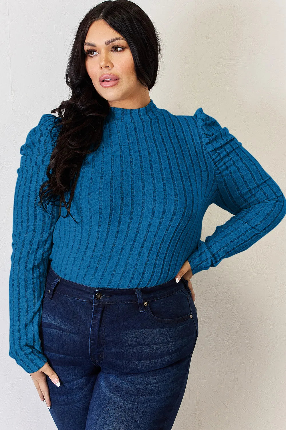 BASIC BAE FULL SIZE RIBBED MOCK NECK PUFF SLEEVE T-SHIRT