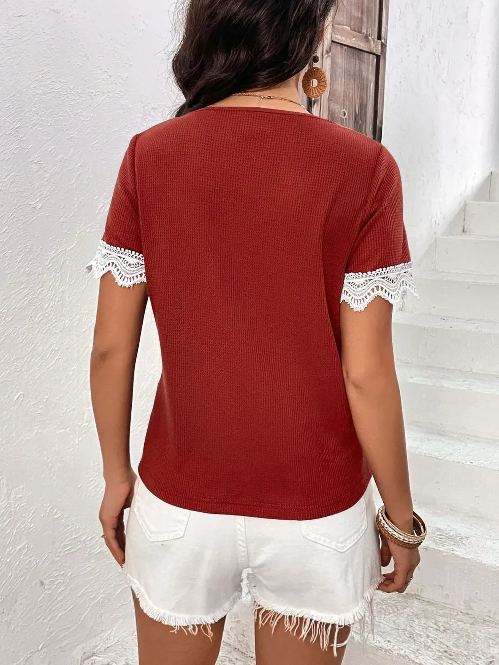 IVY LANE LACE DETAIL V-NECK SHORT SLEEVE T-SHIRT