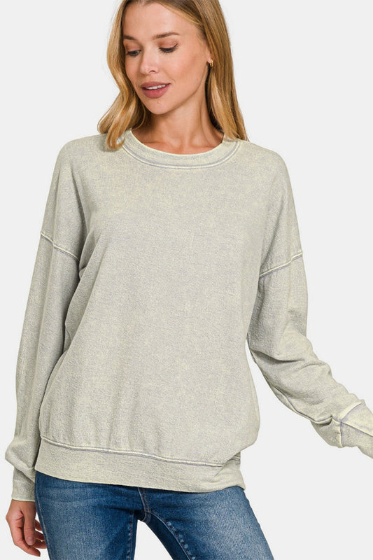 ZENANA WASHED ROUND NECK DROPPED SHOULDER SWEATSHIRT