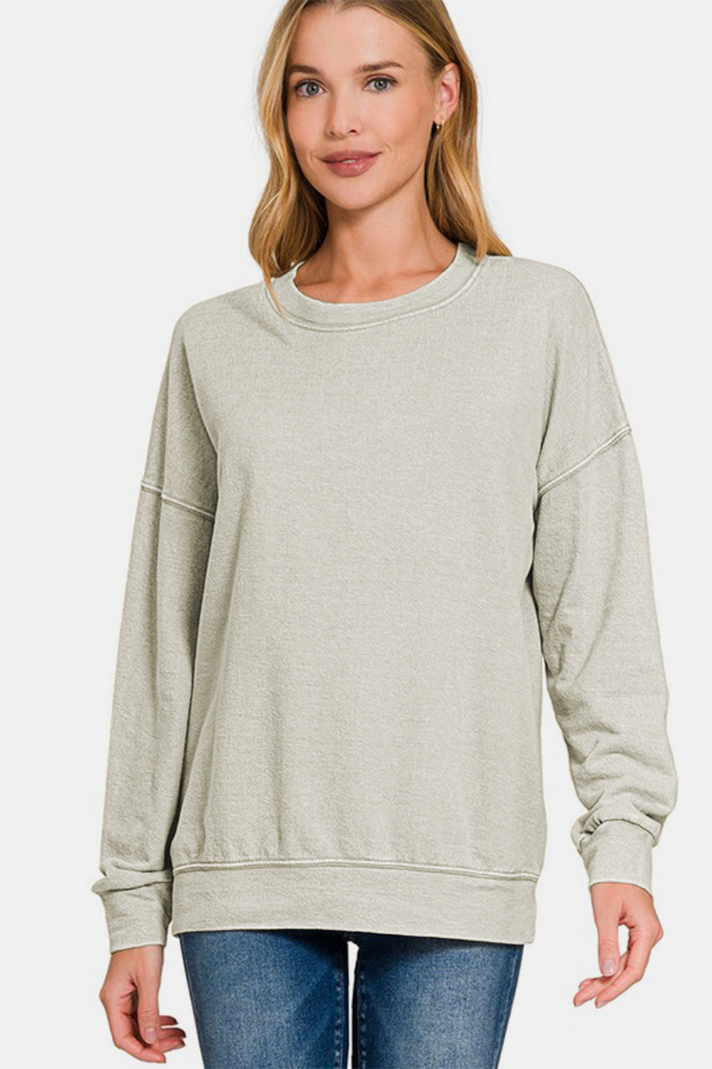 ZENANA WASHED ROUND NECK DROPPED SHOULDER SWEATSHIRT