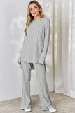 BASIC BAE FULL SIZE RIBBED HIGH-LOW TOP AND WIDE LEG PANTS SET