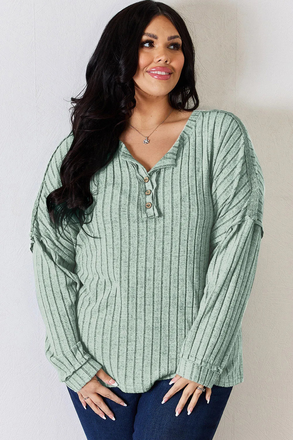 BASIC BAE FULL SIZE RIBBED HALF BUTTON LONG SLEEVE T-SHIRT