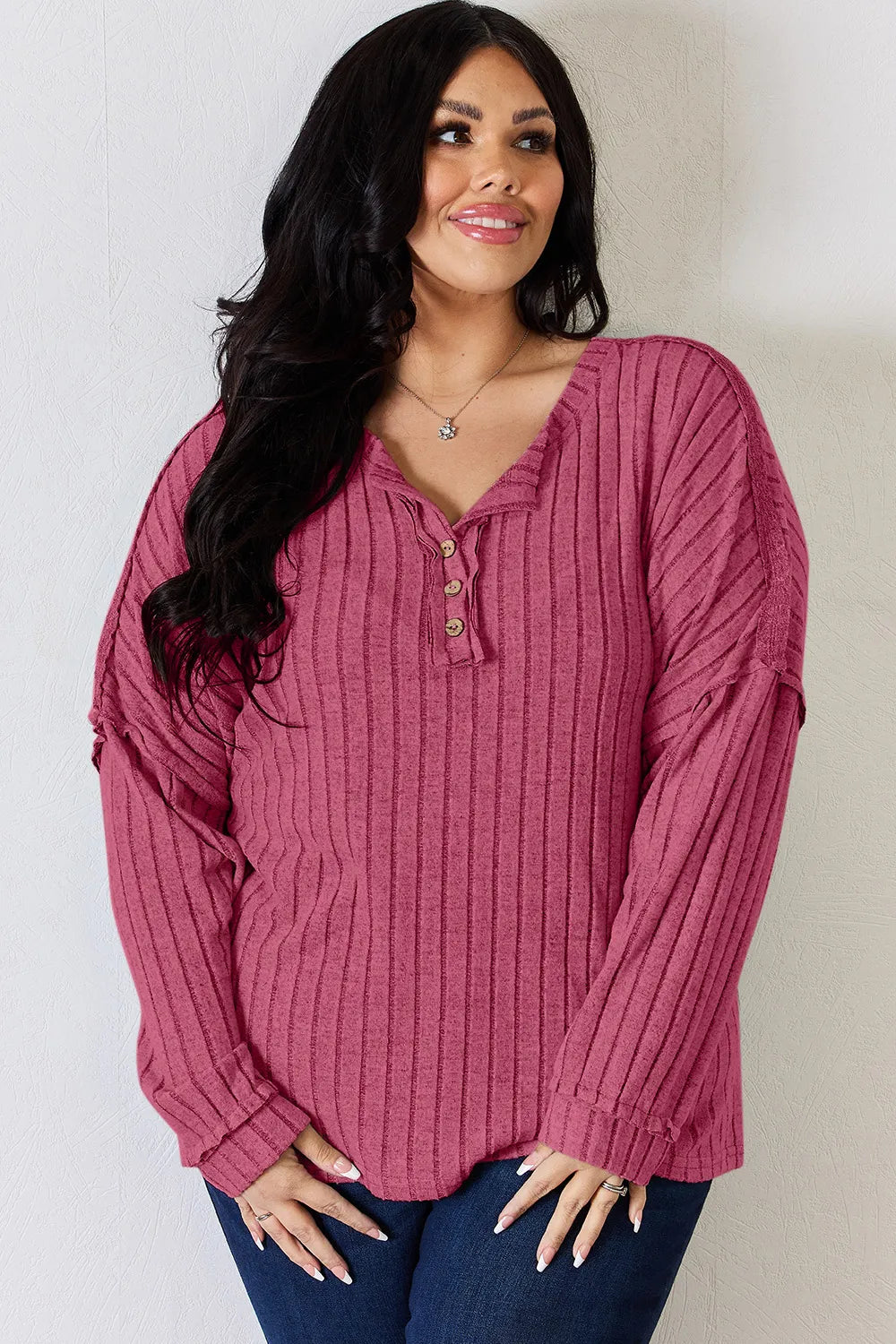 BASIC BAE FULL SIZE RIBBED HALF BUTTON LONG SLEEVE T-SHIRT