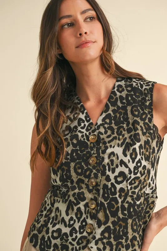 ANNIE WEAR STRETCH LEOPARD DENIM BUTTON DOWN VEST