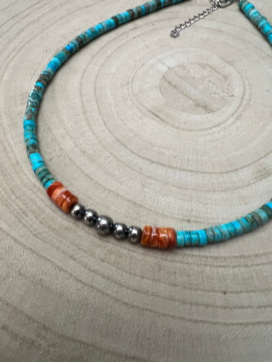 4mm Sterling Pearls, Variscite Turquoise and Spiny Oyster - The Vibrant Choker
