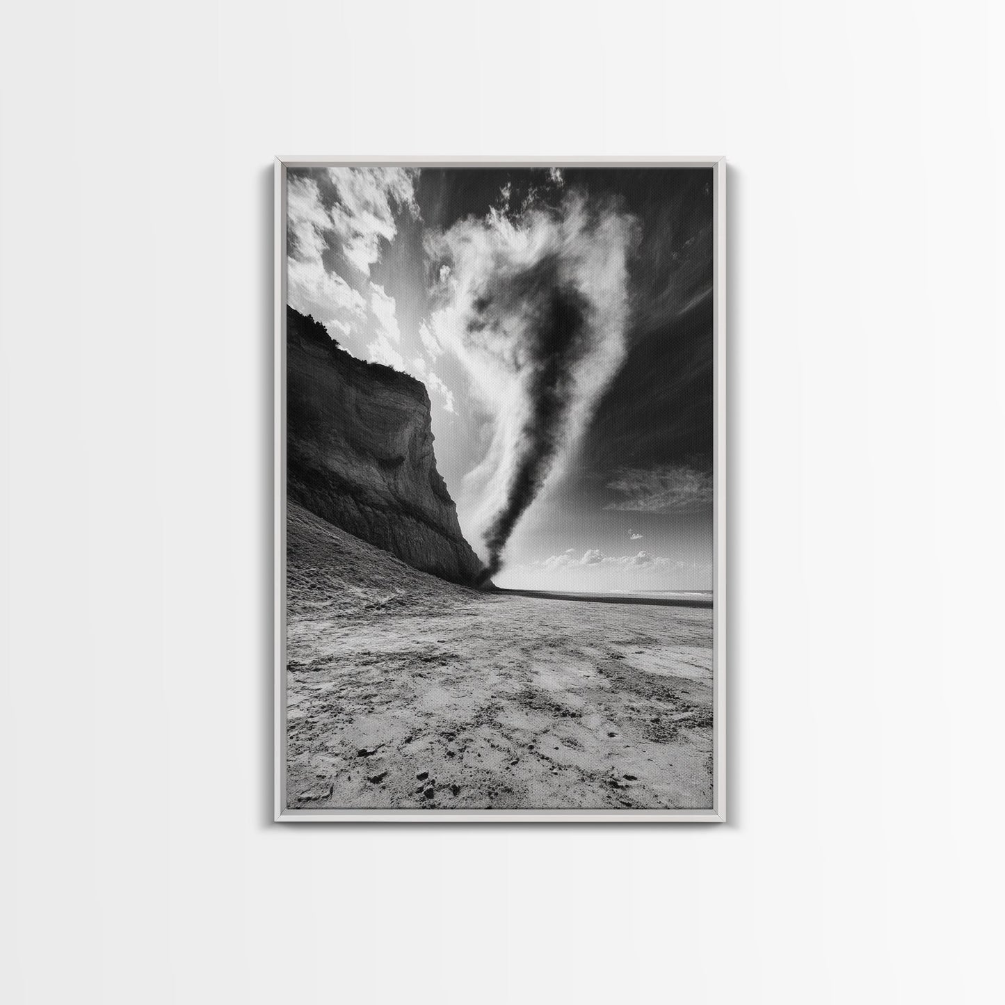 TORNADO BEACH SCENE, STORMY SKIES, BLACK AND WHITE DRAMA, NATURE PHOTOGRAPHY, FRAMED CANVAS PRINT, OFFICE WALL ART, MOODY MINIMALIST DECOR