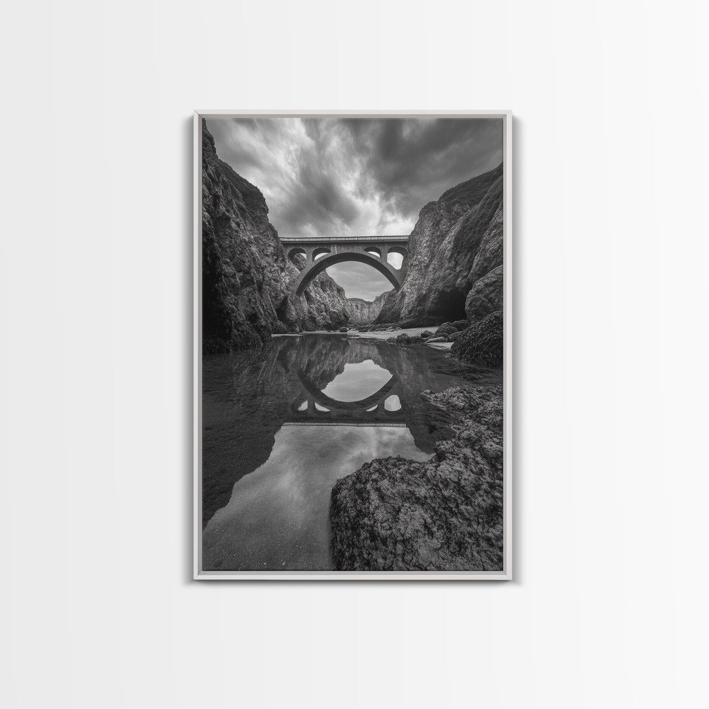 STONE BRIDGE, REFLECTIONS, RIVER ARCHWAY, NATURE DRAMA, FRAMED CANVAS PRINT, LANDSCAPE WALL ART, MONOCHROME PHOTOGRAPHY, ENTRYWAY ART