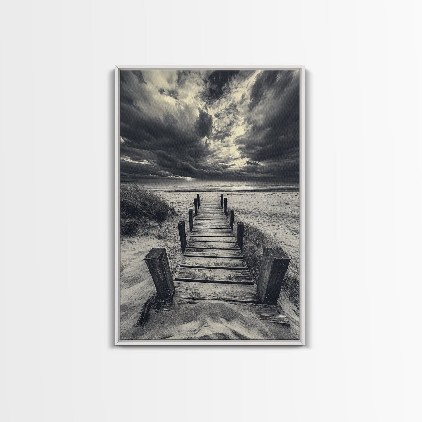 STORMY BEACH DOCK, DRAMATIC SKIES, COASTAL MOOD, FRAMED CANVAS PRINT, FALL WALL ART, ENTRYWAY DECOR, MOODY SEASCAPE, RUSTIC COASTAL HOME