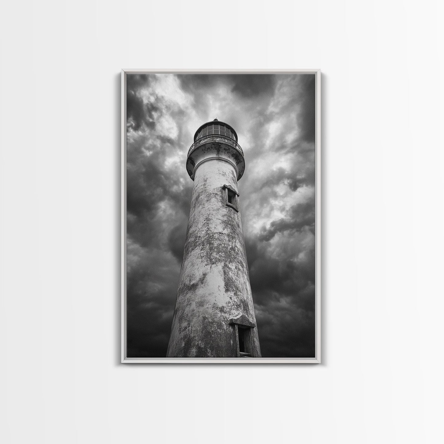 STORMY LIGHTHOUSE CLOSEUP, DRAMATIC SKIES, WEATHERED BEACON, CANVAS PRINT, COASTAL DECOR, DARK NAUTICAL WALL ART, MOODY OCEAN THEME