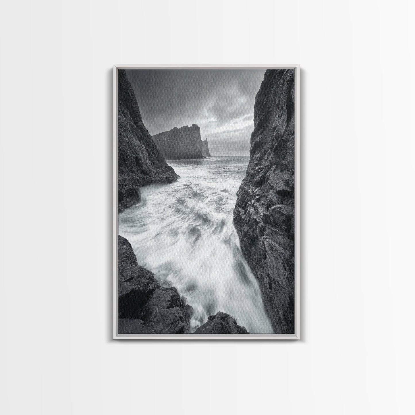 STORMY COAST, CRASHING WAVES, OCEAN DRAMA, FRAMED CANVAS PRINT, LIVING ROOM WALL ART, BOLD SEASCAPE PHOTOGRAPHY, MONOCHROME MODERN ART