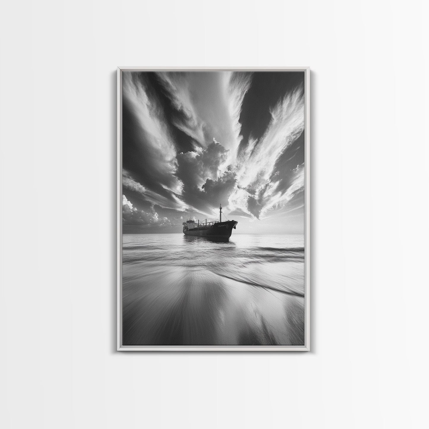 STORMY SKY SHIP, DRAMATIC SEASCAPE, BLACK WHITE PHOTOGRAPHY, OCEAN NAUTICAL DECOR, FRAMED CANVAS PRINT, COASTAL WALL ART, MOODY MINIMALIST