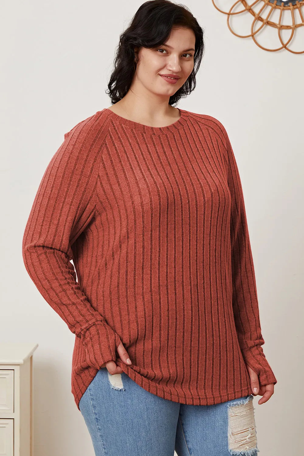 BASIC BAE FULL SIZE RIBBED THUMBHOLE SLEEVE T-SHIRT