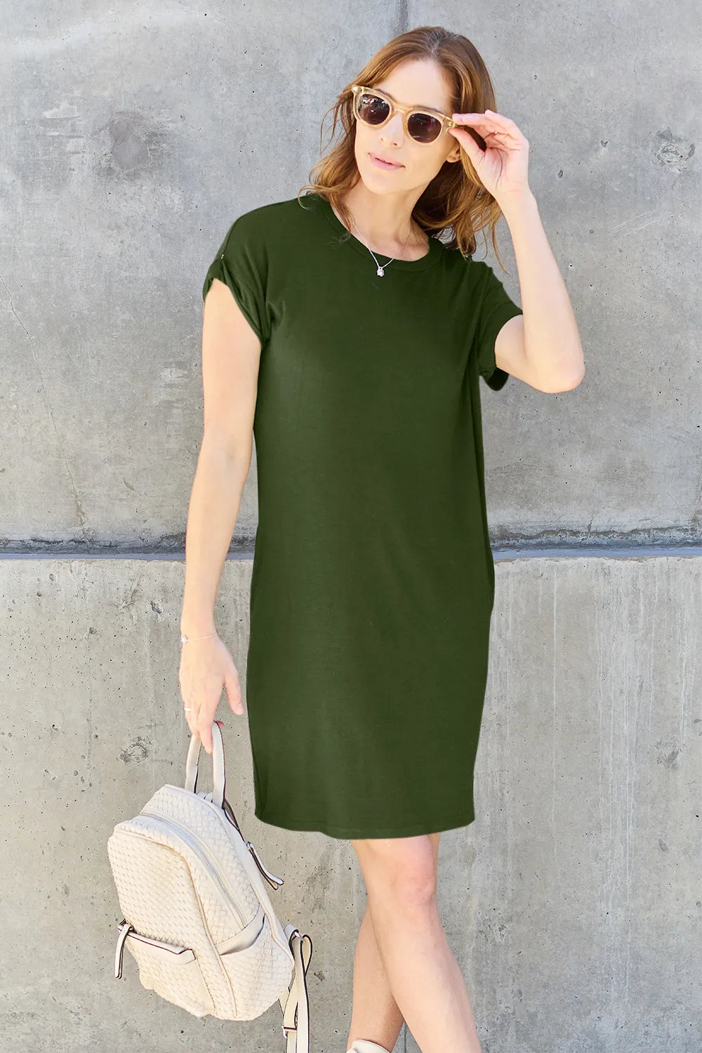BASIC BAE FULL SIZE ROUND NECK SHORT SLEEVE DRESS WITH POCKETS