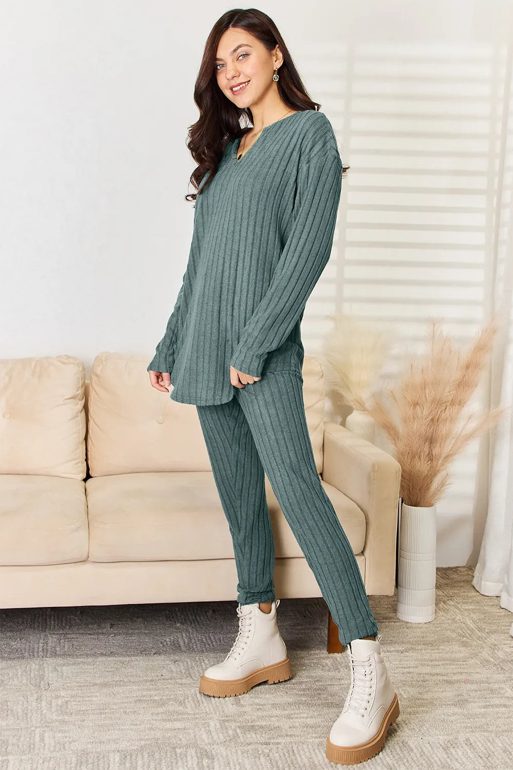 BASIC BAE FULL SIZE NOTCHED LONG SLEEVE TOP AND PANTS SET
