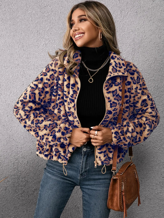 IVY LANE DRAWSTRING LEOPARD ZIP UP JACKET