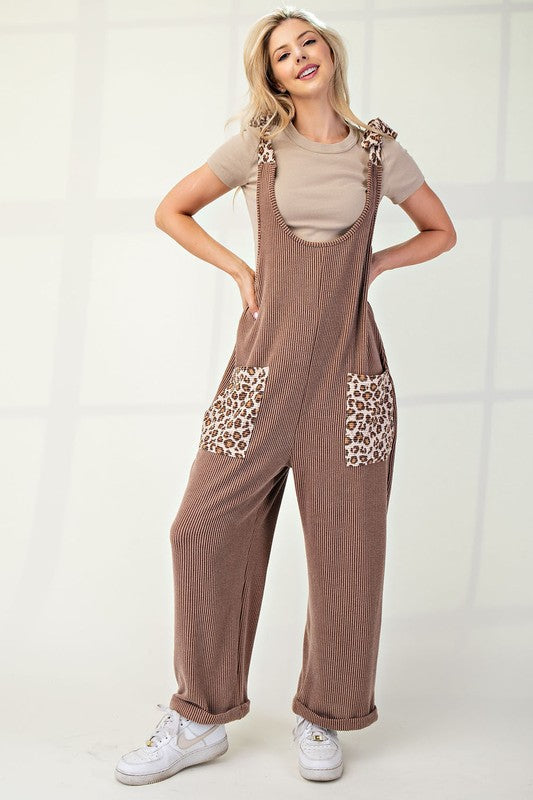 CELESTE FULL SIZE RIBBED LEOPARD TIED SHOULDER OVERALLS