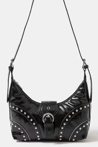 FAME FAUX LEATHER STUDDED TRIM SHOULDER BAG