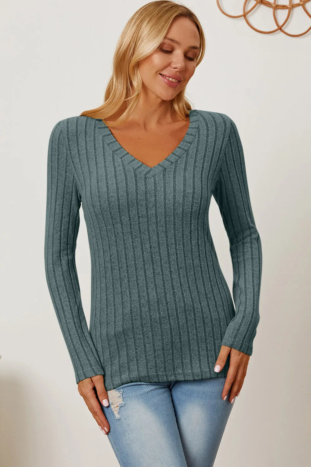 BASIC BAE FULL SIZE RIBBED V-NECK LONG SLEEVE T-SHIRT