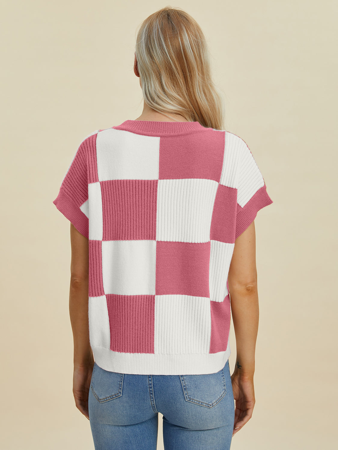 DOUBLE TAKE FULL SIZE CHECKERED ROUND NECK SHORT SLEEVE SWEATER