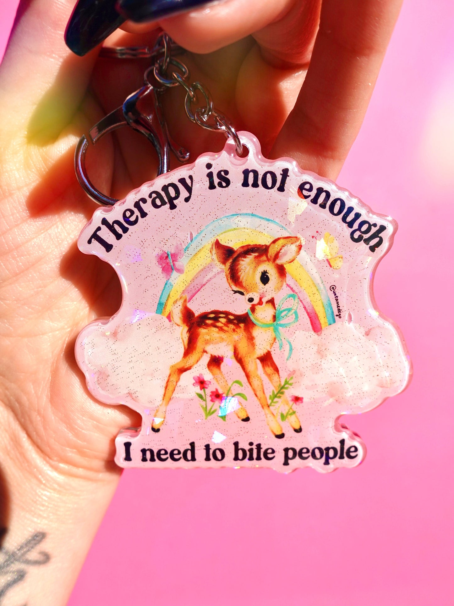 THERAPY IS NOT ENOUGH I NEED TO BITE PEOPLE HOLOGRAPHIC KEYCHAIN