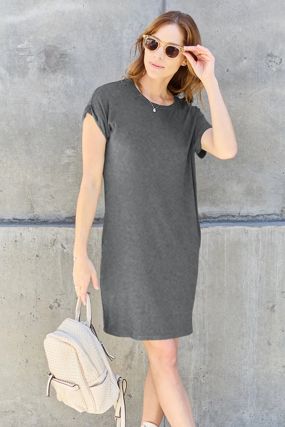 BASIC BAE FULL SIZE ROUND NECK SHORT SLEEVE DRESS WITH POCKETS