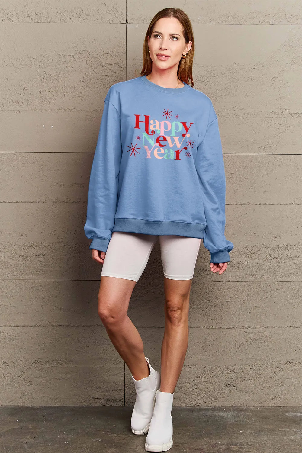 SIMPLY LOVE FULL SIZE HAPPY NEW YEAR ROUND NECK SWEATSHIRT